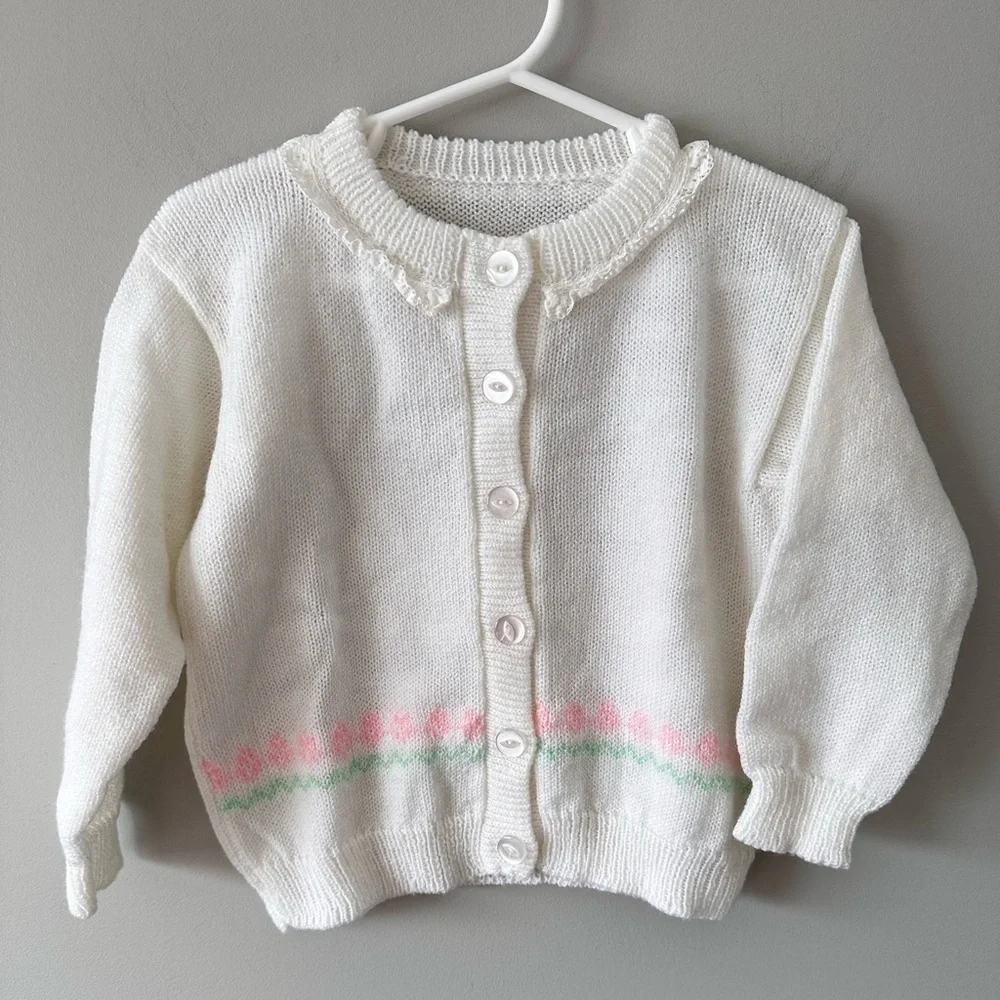 Vintage Baby Knit Cardigan Sweater White Floral Lace 6–12M Cottagecore Easter